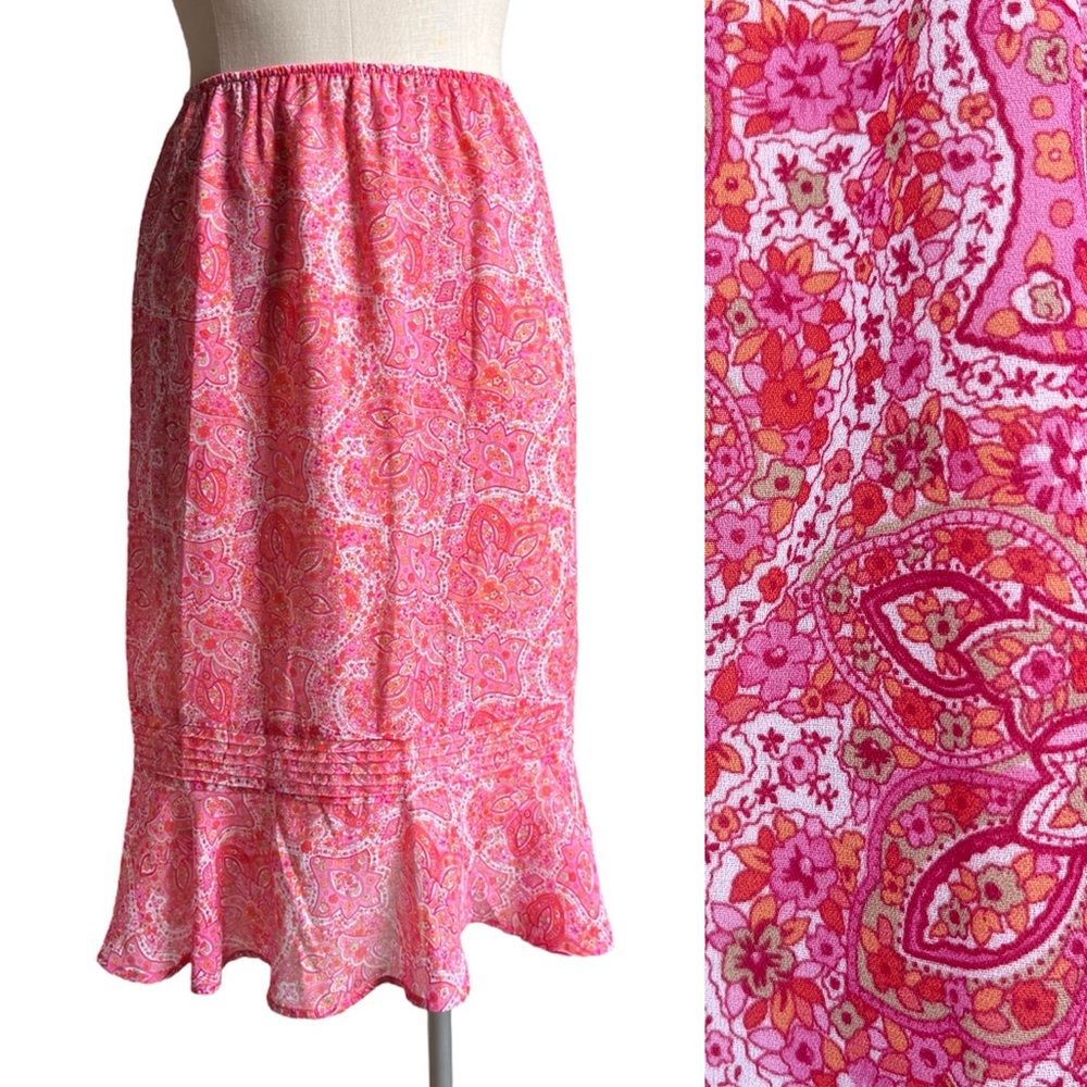 Y2K Worthington Paisley Floral Pink Flounce Hem Midi Slip Skirt Size 10